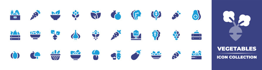 Vegetables icon collection. Duotone color. Vector illustration. Containing vegetables, carrot, salad, artichoke, lettuce, oranges, avocado, fruit, turnip, garlic, vegetation, grapes, and more.