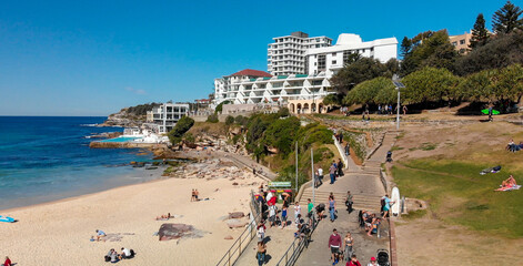 Panoramic aerial view of Bondi Beach coastline, Sydney, Australia