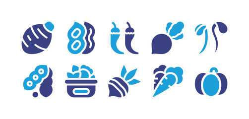 Vegetables icon set. Duotone color. Vector illustration. Containing taro, peanut, chilli, turnip, beansprouts, soy, healthy food, beet, carrot, pumpkin,