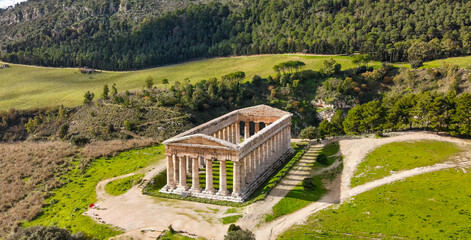 Temple of Segesta in the countryside of Sicily, Italy. Aerial view from drone