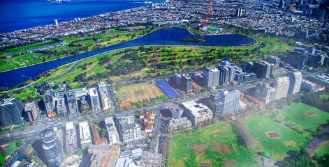 Melbourne coastline and park from helicopter.