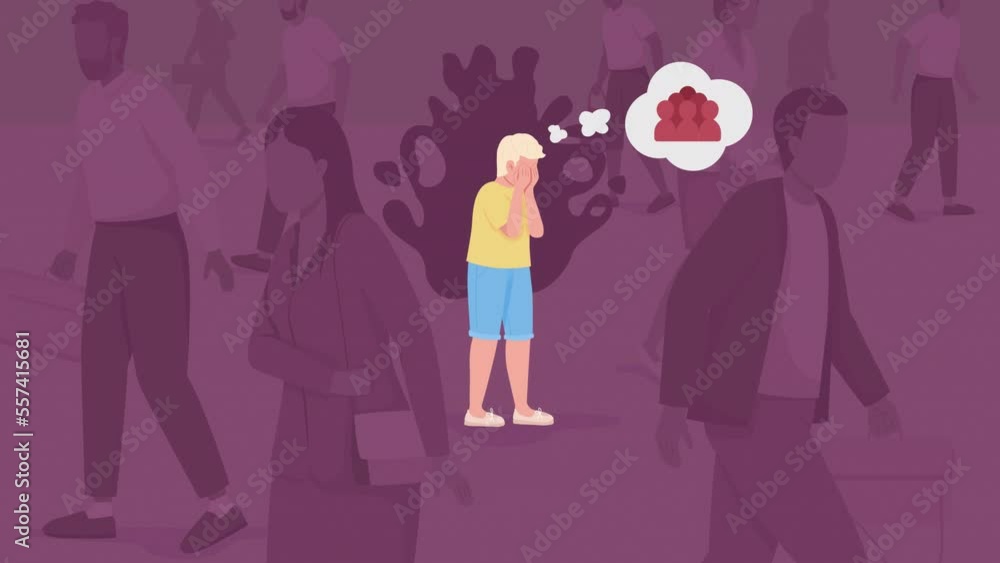 Poster animated anxious boy illustration. kid has panic attack in crowd. public space fear. looped flat col