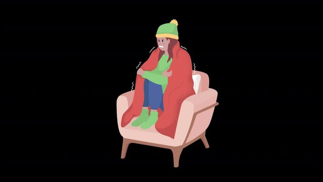 Animated cold woman. Sick lady. Heating coverage. Full body flat person on black background with alpha channel transparency. Colorful cartoon style HD video footage of character for animation