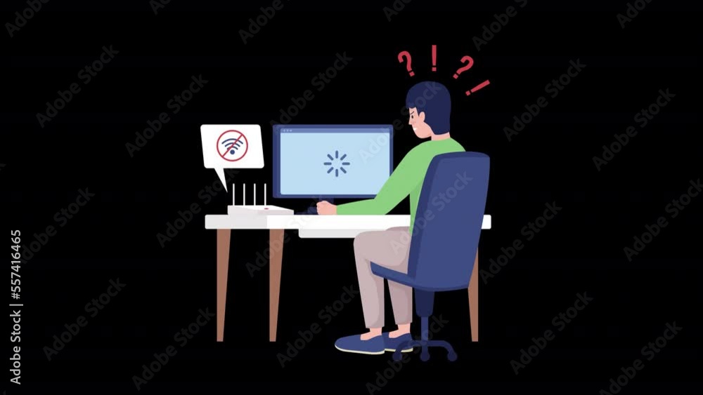 Poster animated internet problem. low loading speed. full body flat person on black background with alpha c