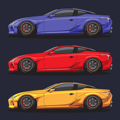 Set of colored super sports cars in side view. Vector