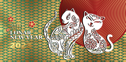 Lunar new year banner with modern background and patterned cat image .