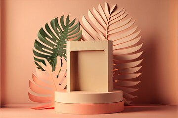 3D background wood pedestal podium on natural palm. AI generated art illustration.