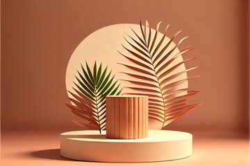 3D background wood pedestal podium on natural palm. AI generated art illustration.