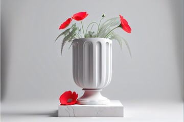 3D display podium white background. Red flower. AI generated art illustration.	
