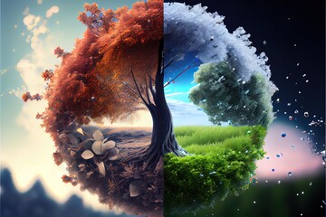 Generative AI illustration of the four temporal seasons in one face, one frame, one tree. Nature concept. Digitally generated image
