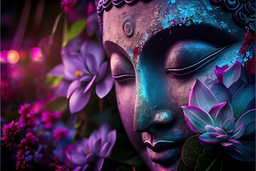 Generative AI illustration of abstract lifelike buddha, flowers, magic lighting, beautiful metallic and stone colors, detailed, natural lighting, natural environment. Digitally generated image - obrazy, fototapety, plakaty