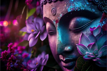  Generative AI illustration of abstract lifelike buddha, flowers, magic lighting, beautiful metallic and stone colors, detailed, natural lighting, natural environment. Digitally generated image © nguyen khanh vukhoa