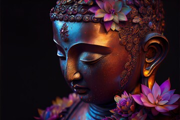 Generative AI illustration of abstract lifelike buddha, flowers, magic lighting, beautiful metallic and stone colors, detailed, natural lighting, natural environment. Digitally generated image