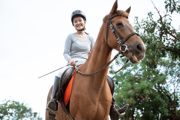 Obraz premium beautiful woman equestrian athlete practicing horse riding on outdoor background