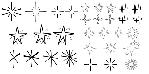 Hand drawn stars in doodle style. Star shine line doodle set. Star shine, shiny glitter, shining light vector illustration. 