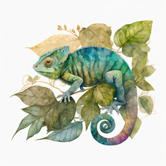 Watercolor chameleon in the leaves illustration, generative AI and manual enhanced color 3