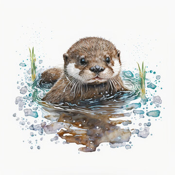 Watercolor cute otter in the water illustration, generative AI and manual enhanced color