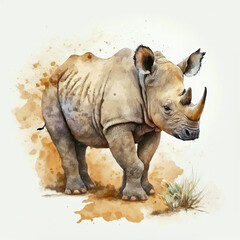 Fototapeta premium Watercolor Rhinoceros in the safari illustration, generative AI and manual enhanced color
