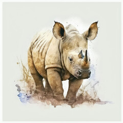 Watercolor Rhinoceros in the safari illustration, generative AI and manual enhanced color