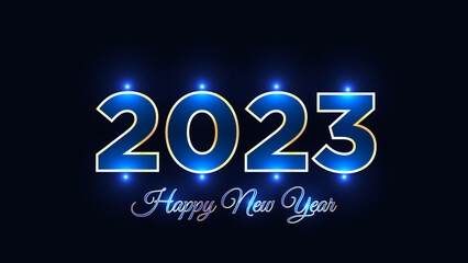 happy new year 2023. text style with blue sparkle