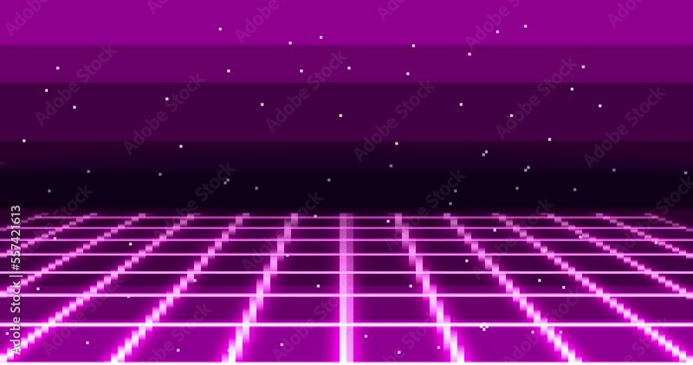 Poster animation of pixel art 80s retro sci-fi violet pink background. pixel art 8bit vector video game glo