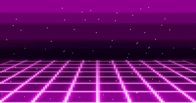 Animation of pixel art 80s Retro sci-Fi violet pink background. Pixel art 8bit Vector video game Glow Retro wave