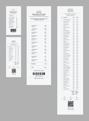 Payment check and receipts. Set of financial paper, purchase invoice. Buying, bill or calculate pay. Receipt the seller forms