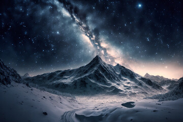 Fototapeta na wymiar Bergige Winterlandschaft mit Schnee und der Milchstraße am Himmel in der Nacht