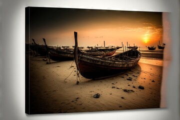 a group of boats sitting on top of a sandy beach at sunset or dawn with a sky background and a few clouds.