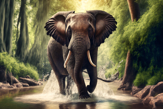 Wilder Elefant läuft durch einen Fluss im Dschungel Thailands. 
