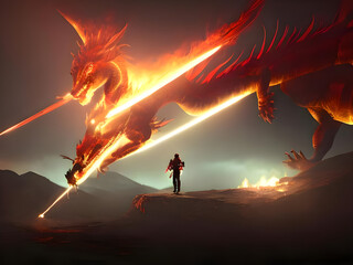 attack of the giant fire dragon, digital art style, illustration painting