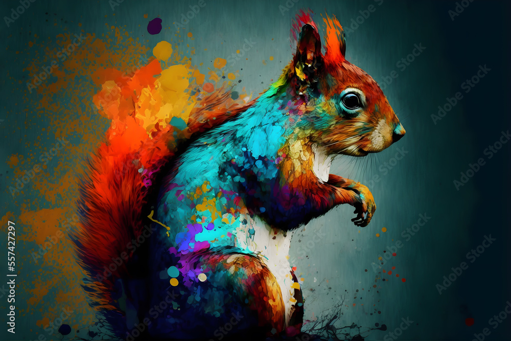 Wall mural Illustrative abstract design of a squirrel. Multicolored painting. Generative AI.