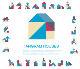 20019Set of tangram houses  - stylish real estate children's puzzle cottage elements - Chinese geometric puzzle buildings
