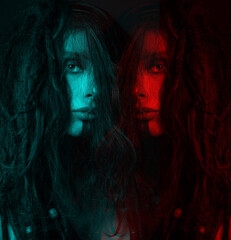 Beautiful woman studio portrait in red and blue color split effect. Model with dreadlocks covering...