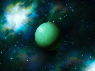 Exoplanet in colorful space with stardust. Planet in deep space. Cosmos with nebula and stars.
