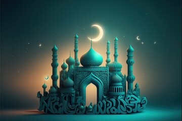 Eid Mubarak with a moon mosque on a turquoise background, template, banner. AI