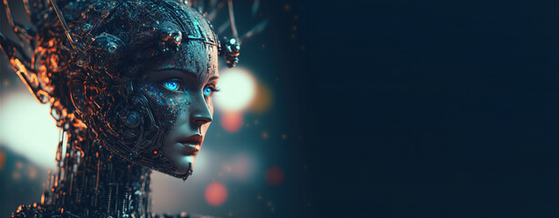 Artificial intelligence, a humanoid cyber girl with a neural network thinks. Artificial intelligence with a digital brain is learning to process big data. AI - obrazy, fototapety, plakaty