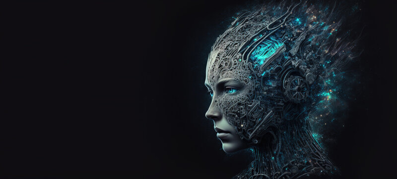 Artificial intelligence, a humanoid cyber girl with a neural network thinks. Artificial intelligence with a digital brain is learning to process big data. AI