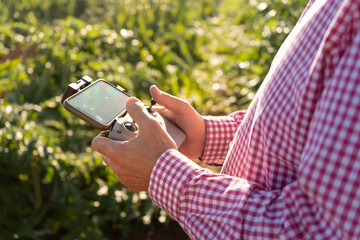 Drone control pad with a smartphone on a stand being used by the hands of an older farmer man. in the background there is a farm field. Concept agricultural technology, irrigation planning