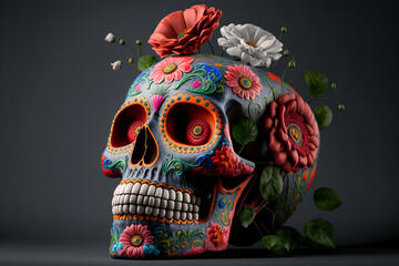 Flowered Calavera sugar skull rendered in 3D in a traditional style