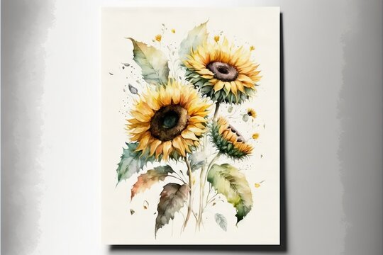 a painting of a sunflower with leaves on it's back side and a white background with a black frame.