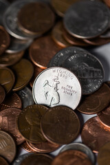 A quarter of Wyoming, quarters of USA, George Washington and in the middle a quarter of Wyoming State. Surrounded by coins.