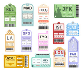 Traveling old tickets baggage retro tags set vector flat badge coupon plane sticker boarding pass - obrazy, fototapety, plakaty
