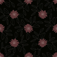 Seamless pattern with abstract flowers in subdued color palette. Linear hand drawn vector illustration.