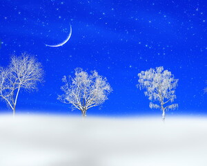  night blue starry sky big blue moon snow and snowy trees background banner template