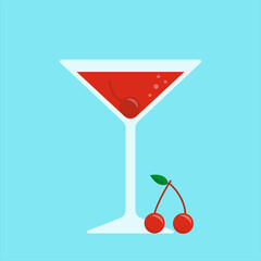 Manhattan cocktail with cherry. Alcohol drink. Isolated flat vector illustration on light blue background