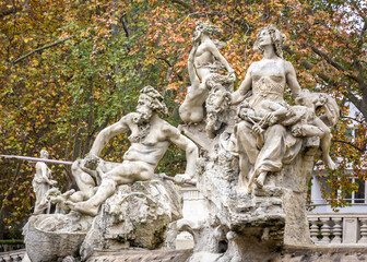 The monumental Fountain of Twelve Months, surrounded by trees in autunno of Valentino Park, Turin, northern Italy  - Europe
