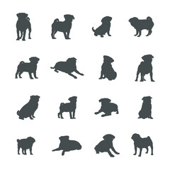 Pug dog silhouettes, Pug dog silhouette set.