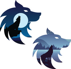 Set of wolf silhouettes with crescent moon and stars isolated. Sticker, print or tattoo design vector illustration. Pagan totem, wiccan familiar spirit art. © umer