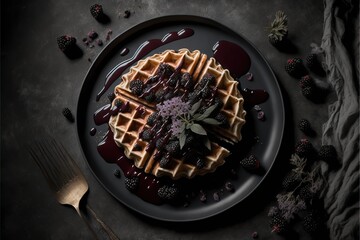 a plate of waffles with syrup and berries on it with a fork and knife on the side.